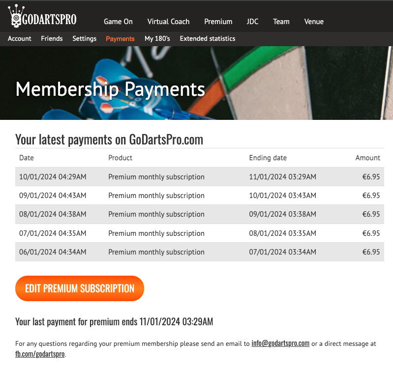 GoDartsPro premium payments